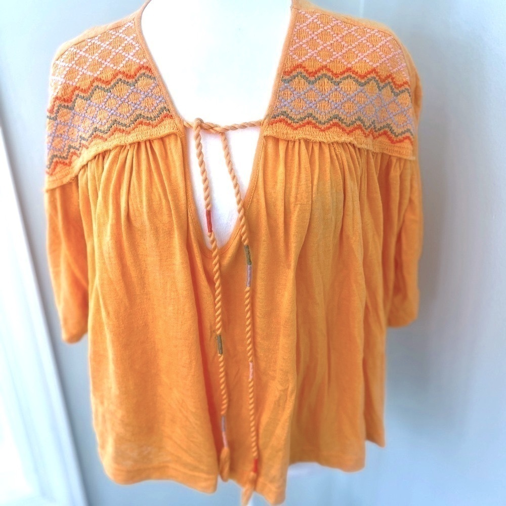 Free People Market Embroidered Boho Tassel Tie Crop Top Carrot Orange Sz M